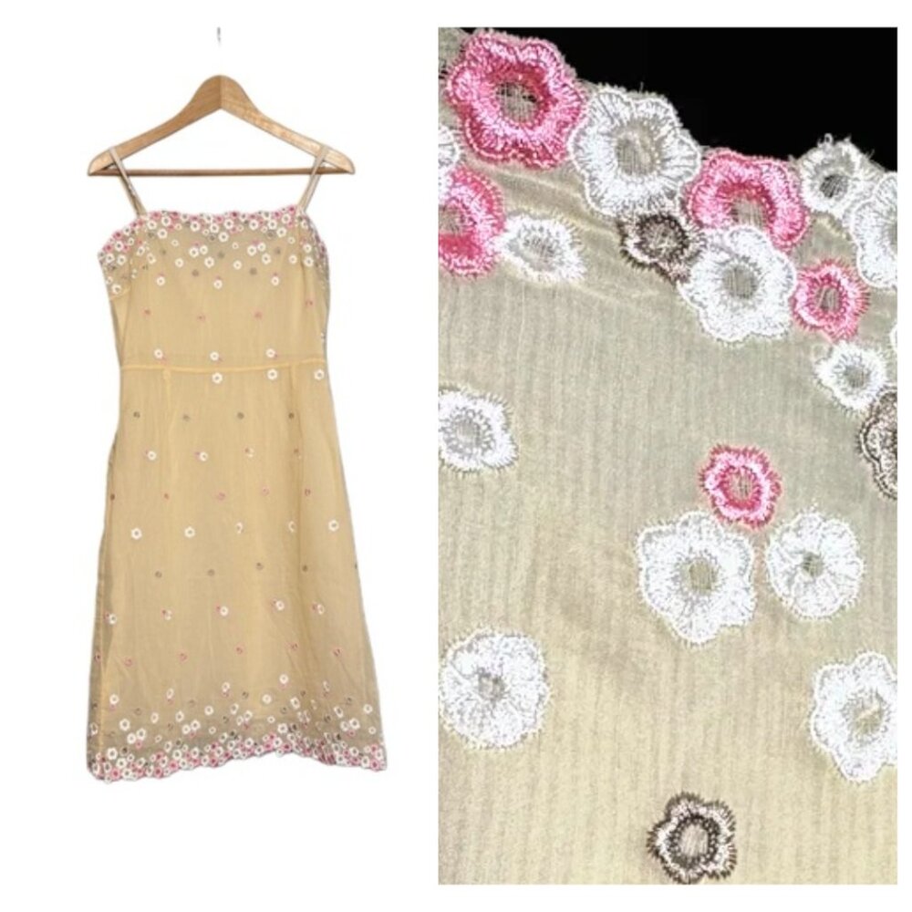 VTG TOCCA Butter Yellow Sheer Silk Cotton Floral Embroidery Y2K Slip Dress Sz8